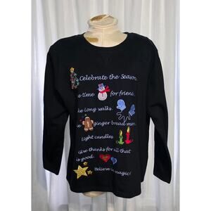 Quacker Factory Christmas quote Holiday Embroidered Top Size Large